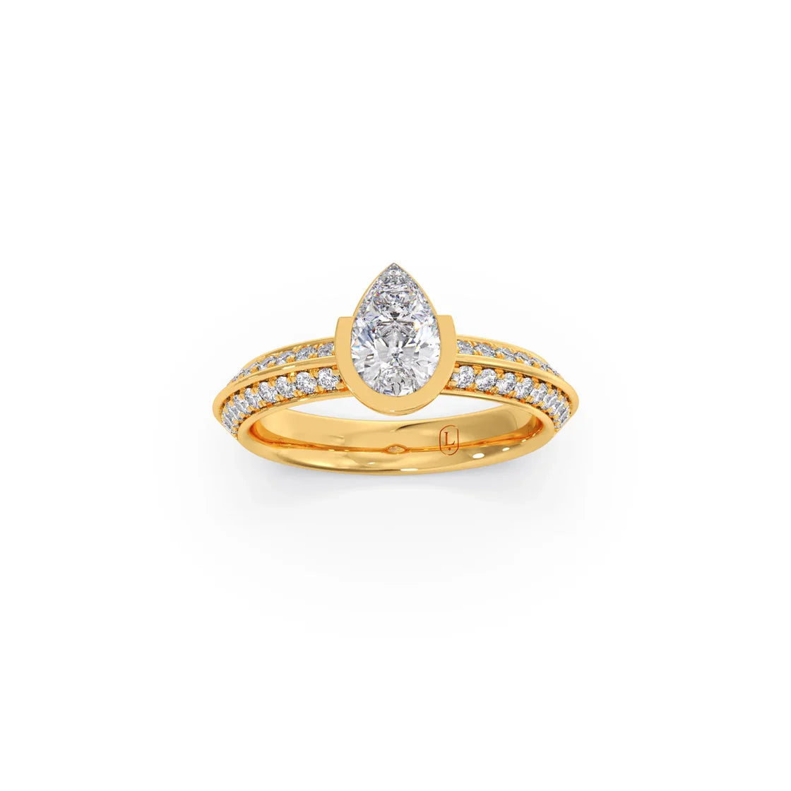 Pear Shaped Diamond Ring in Yellow Gold – Split Band with Halo Sparkle