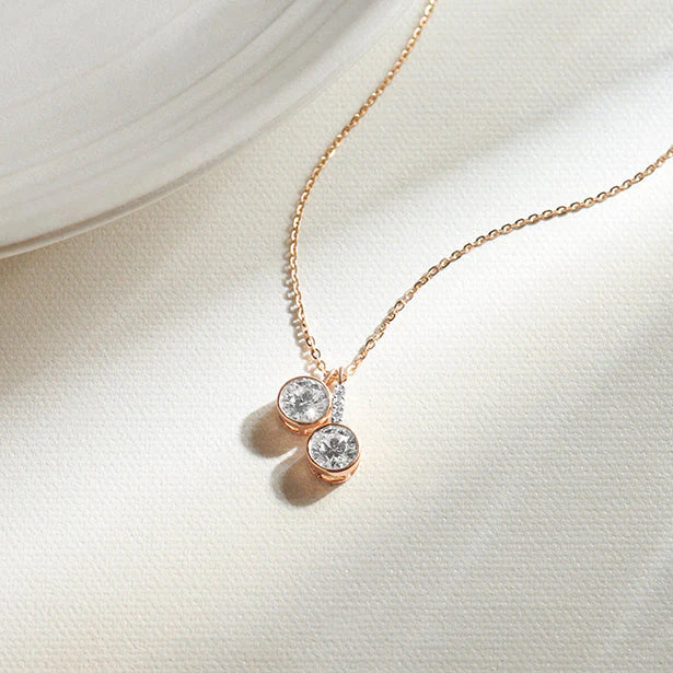 Double Round Diamond Drop Pendant Necklace in Yellow Gold