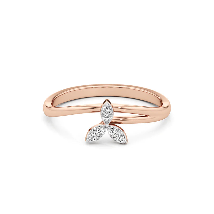 Rose Gold Floral Diamond Ring – 14K Three-Petal Leaf Design for Women | Elegant Stackable Ring