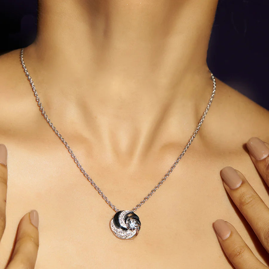 White Gold Swirl Pendant Necklace – Round Center Diamond